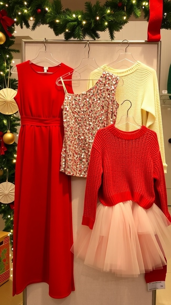 A collection of stylish Christmas party outfits displayed with holiday decorations.